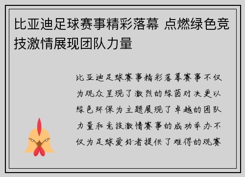 比亚迪足球赛事精彩落幕 点燃绿色竞技激情展现团队力量