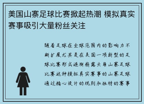 美国山寨足球比赛掀起热潮 模拟真实赛事吸引大量粉丝关注