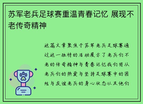苏军老兵足球赛重温青春记忆 展现不老传奇精神