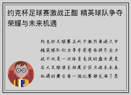 约克杯足球赛激战正酣 精英球队争夺荣耀与未来机遇