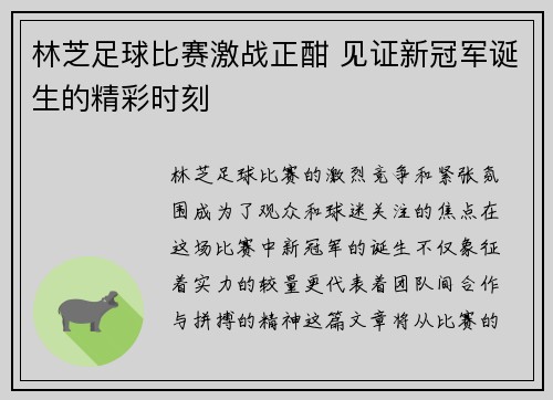 林芝足球比赛激战正酣 见证新冠军诞生的精彩时刻