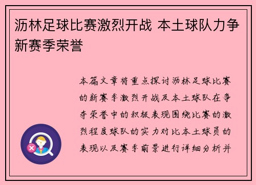 沥林足球比赛激烈开战 本土球队力争新赛季荣誉