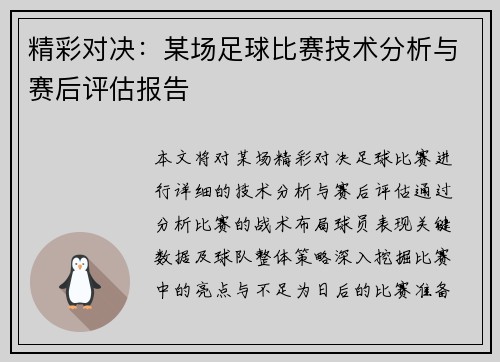 精彩对决：某场足球比赛技术分析与赛后评估报告