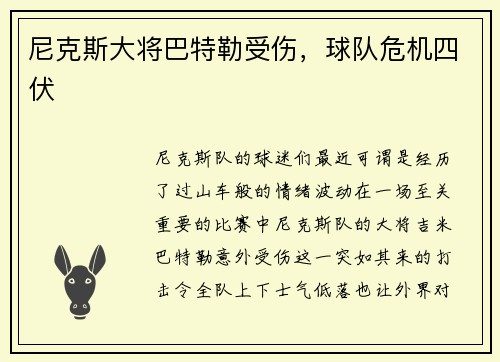 尼克斯大将巴特勒受伤，球队危机四伏