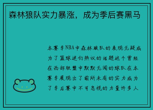 森林狼队实力暴涨，成为季后赛黑马