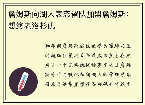 詹姆斯向湖人表态留队加盟詹姆斯：想终老洛杉矶
