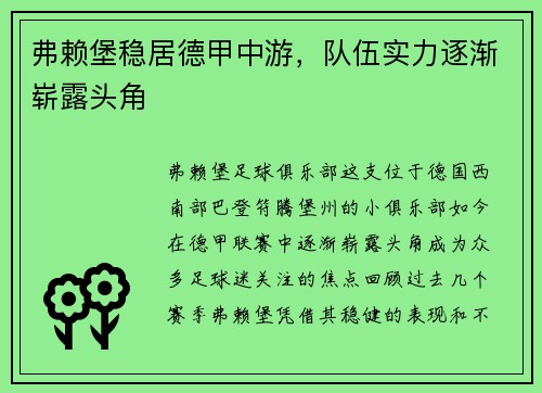 弗赖堡稳居德甲中游，队伍实力逐渐崭露头角