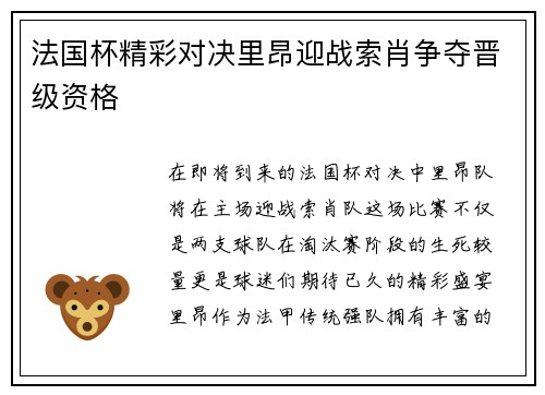法国杯精彩对决里昂迎战索肖争夺晋级资格