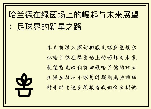 哈兰德在绿茵场上的崛起与未来展望：足球界的新星之路