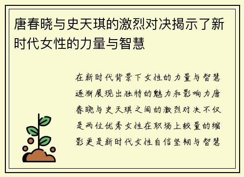 唐春晓与史天琪的激烈对决揭示了新时代女性的力量与智慧