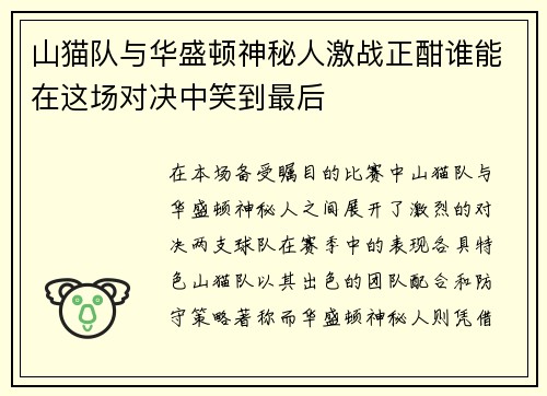山猫队与华盛顿神秘人激战正酣谁能在这场对决中笑到最后